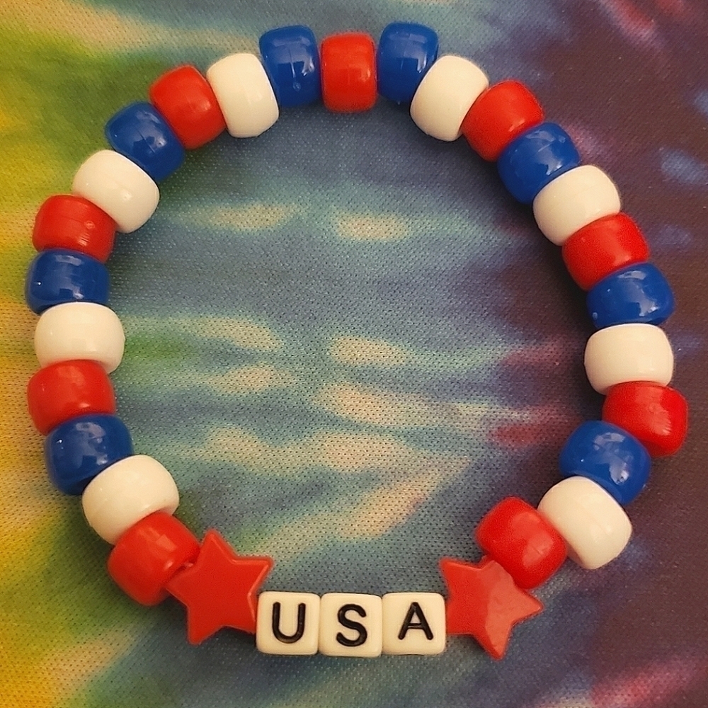 Beaded Red White Blue USA Kandi Bracelet